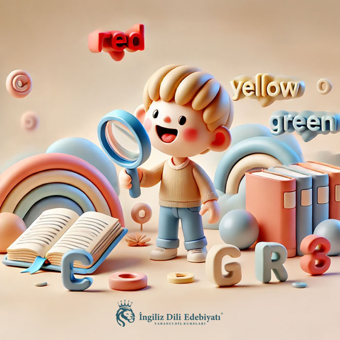 Çocukların İngilizce öğrenmesini destekleyen pastel tonlarda 3D illüstrasyon. ingilizce renkler ve kitaplarla keşif yapan mutlu bir çocuk.