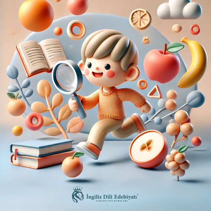 İngilizce kelimeleri keşfeden çocuk, pastel tonlarda 3D illüstrasyon, eğitici ve eğlenceli öğrenme ortamı
